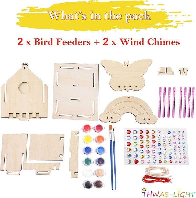 THWAS-LIGHT Crafts for Kids Ages 8-12 -Make Your Own Bird Feeder Wind Chime Kit with Diamond Stickers - 2 Pack Unfinished Wood DIY Kids STEM Painting Activities Crafts Outdoor Toys for Boys Girls Ages 6-8 3-5 - Image 3